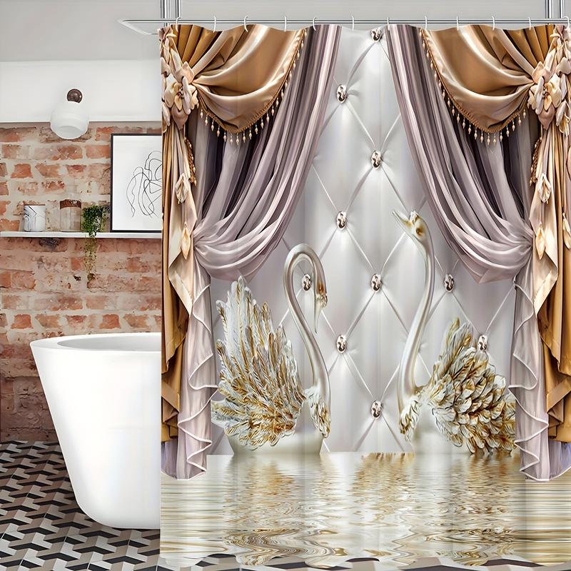 1 Piece Gold Floral Swan Print Shower Curtain Set with Hooks Waterproof Bathroom Partition Curtain, Bathroom Accessories, Beautiful Room Decoration