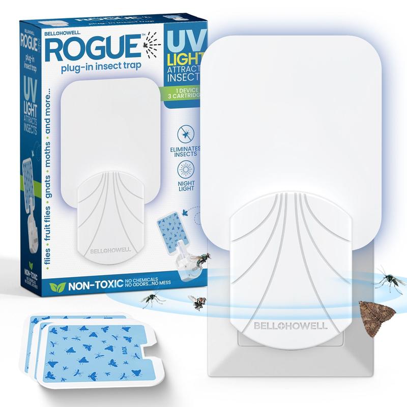 Rogue Fly Insect Trap Indoor with UV Night Light and Extra Cartridges, Plug in Bug Catcher, Pest Repeller Indoor Bug Light Trap Indoor for Flies, Fruit Flies, Gnats and More, Odor Free