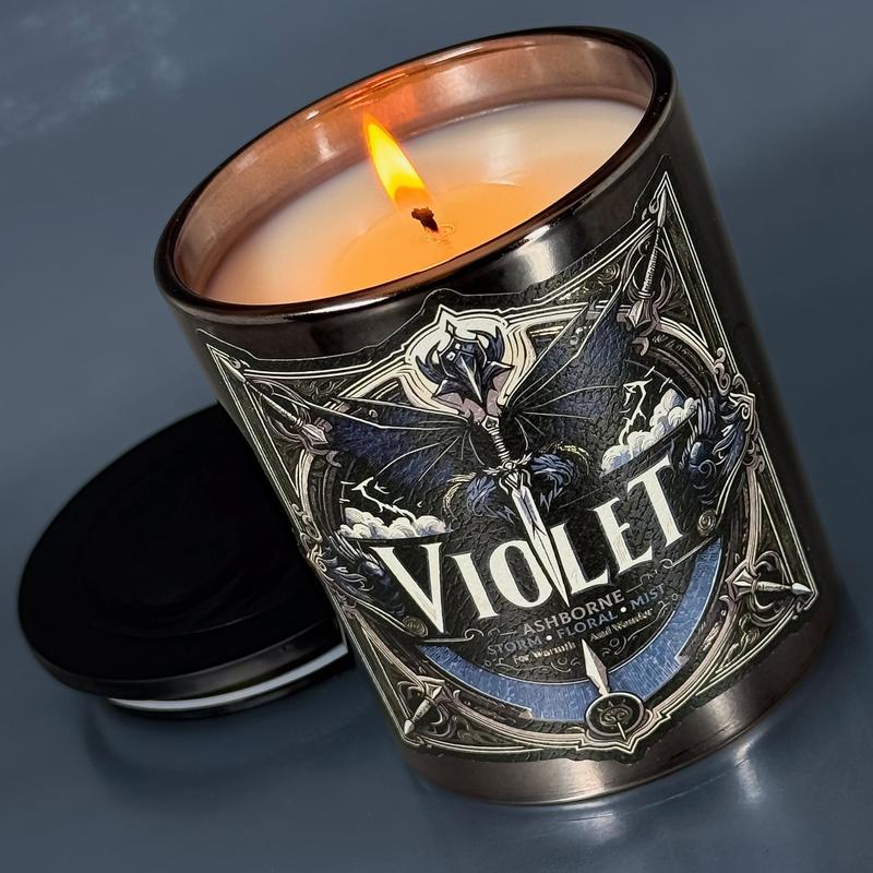 Violet - Fourth Wing Inspired 8oz Scented Candle - Storm, Florals, Mist - Natural Coconut Wax - 35 h Burn Time - Premium Foil Label