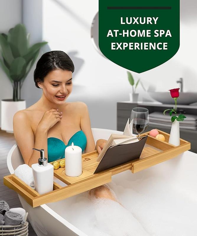 ROYAL CRAFT WOOD Premium Foldable Bathtub Tray - Expandable Bath Tray for Tub - Unique House Warming Bath Tub Tray Wood - Luxury Bathtub & Bathroom Accessories for New Home, Relaxing Spa, Women