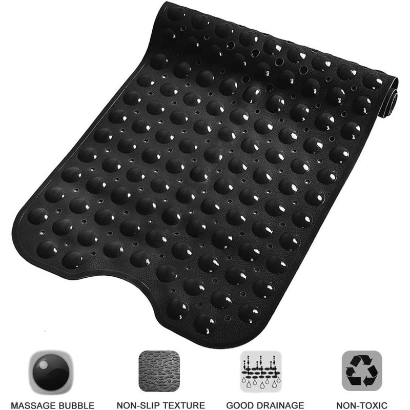 Bathtub and Shower Mats, Extra Long Non-Slip Bath Mat 39 X 16 Inch, Machine Washable Bath Tub Mat with Suction Cups & Drain Holes for Bathroom, Black