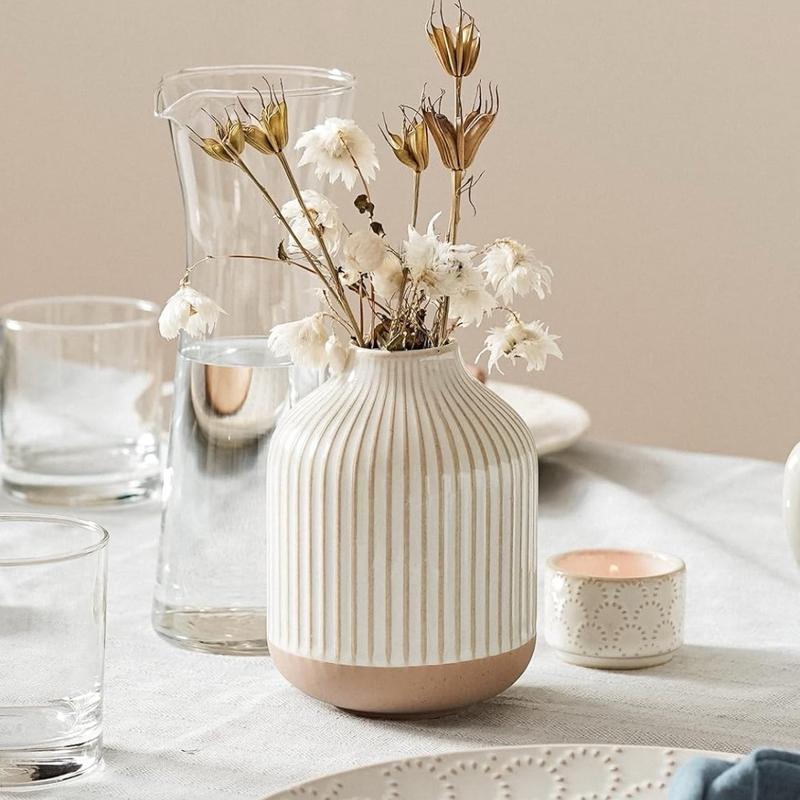 Small Boho Vase for Decor,Rustic Farmhouse Vase for Pampas Grass,Eucalyptus Set and Tiny Stem Flowers,Ceramic Vases for Centerpieces, 5.3 Inch Vintage Vase -Dot, Embossment