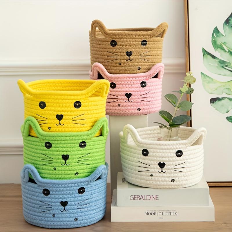 Adorable Cat Face Woven Cotton Storage Basket - Durable Organizer for Dorm, Bedroom & Office - Stylish Sundries Sorter for Living Room & Desktop