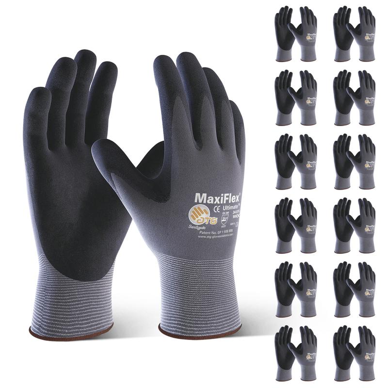 Pack of 12 MaxiFlex Ultimate 34874 Foam Nitrile Palm Coated Gloves, Maximum Breathability Comfort and Durability-Handling, Working Gloves Cleaning