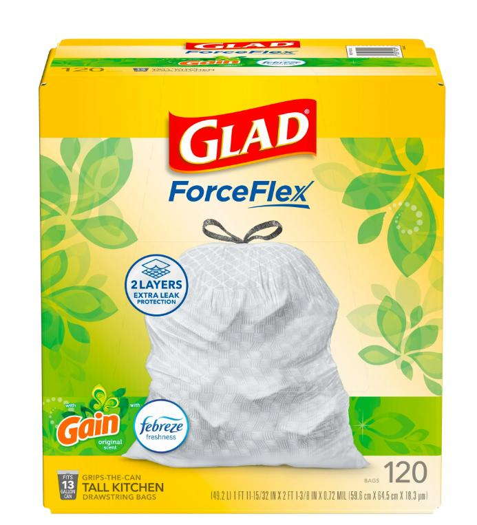 Glad ForceFlex Tall Kitchen Drawstring Trash Bags, Gain Original with Febreze Freshness, 13 Gallon, 120 Count