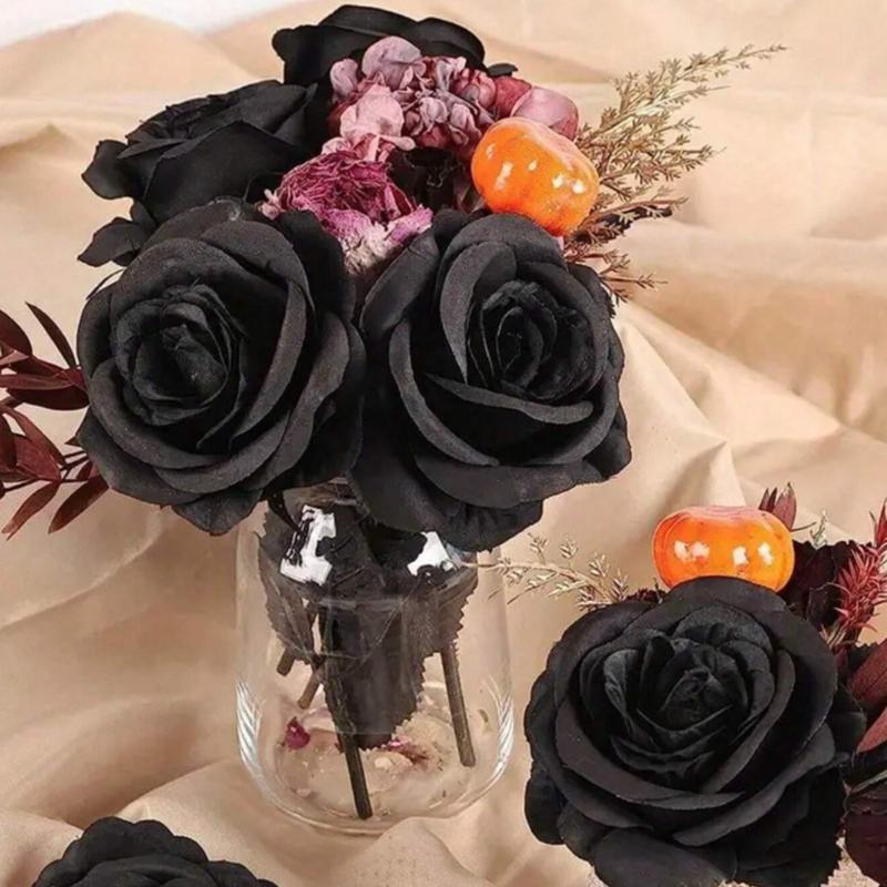 5pcs Black Roses Artificial Flowers With Stems for Halloween Home Decoration