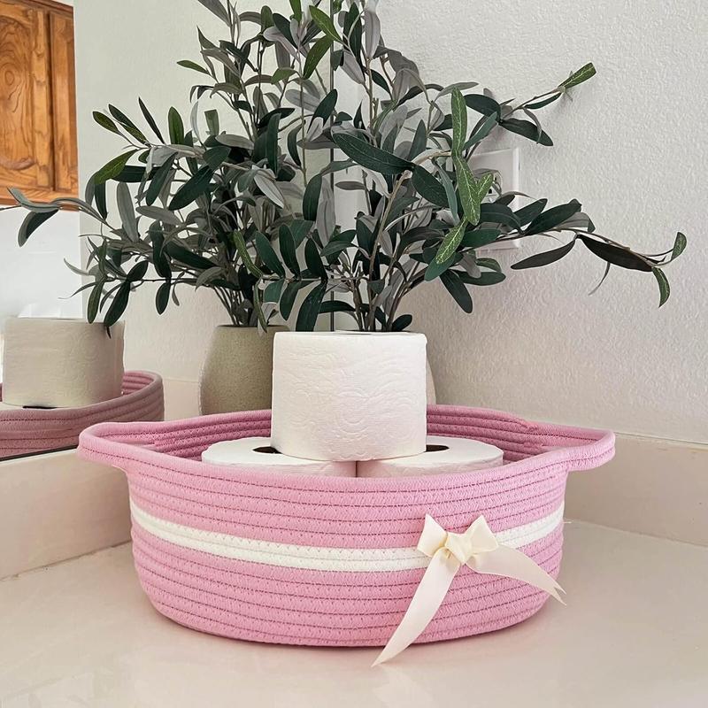 Pink Girl Gift Basket, Small Woven Rope Basket, Rectangle Shelf Basket for Bathroom, Cute Storage Basket , Diapers, Towels, Snacks, 13 x 9.8 x 4.9 inches