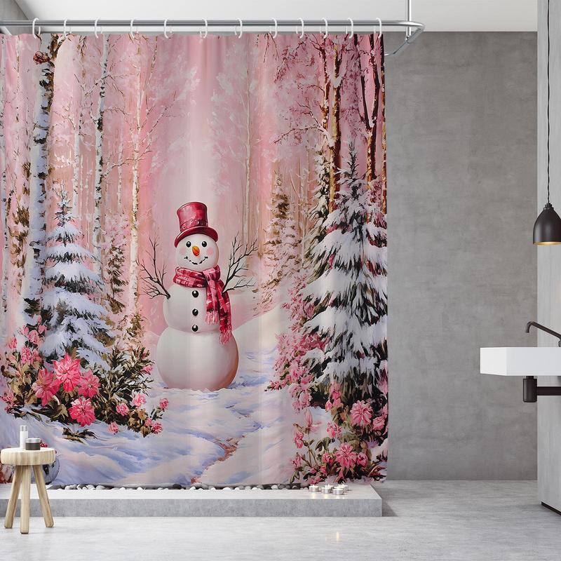 Snowman Pattern Shower Curtain, 1 Count Cute Cartoon Bathroom Curtain with 12pcs Hooks, Bathroom Decor Supplies for Home Hotel Salon Dormitory