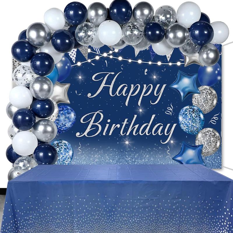 Navy Blue Happy Birthday Backdrop Silver Glitter Balloons Star Flag Sequins Background Adult Men Women Birthday Party Decoration Cake Table Photo Booth (7x5FT, Blue)