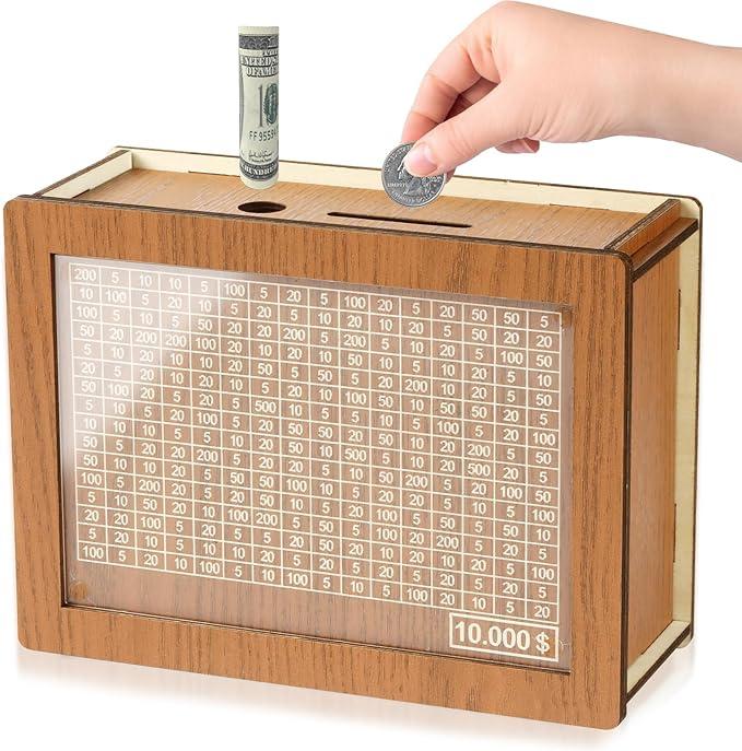 Cash Vault Wooden Savings Box, Wooden Cash Saver Money Box with Money Target and Numbers, Wooden Coin Bank Money Box with Counter for Savings Goal $10000 Best Gift for Friends