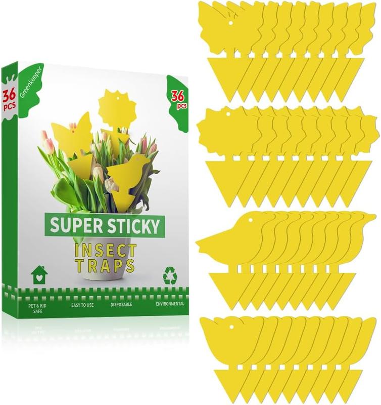 36 Pcs Sticky Traps for Fruit Fly, Whitefly, Fungus Gnat, Mosquito and Bug, Yellow, Insect Catcher Traps for Indoor Outdoor Kitchen, 4 Shapes Handheld