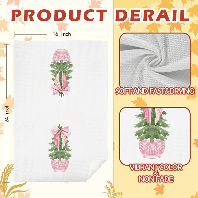 Chinoiserie Christmas Kitchen Towels, Pink Bow Coquette Christmas Tree Dish Towels for Kitchen Bathroom, Pink Christmas Hand Towels for Bathroom Kitchen, Grandmillennial Decor, 16x24 Inches