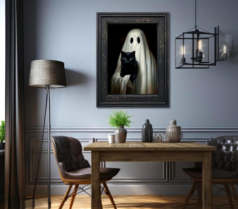 Ghost Holding A Cat Vintage Unframed Poster, Art Poster Print Dark Academia Haunting Ghost, Halloween Home Dorm Kitchen Living Room Decoration Ornaments Photo Artistic, Premium Luster Photo Paper Unframed Various Sizes