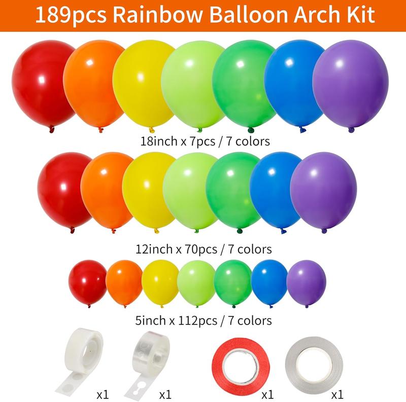 189 count Rainbow Balloon Garland Arch Kit, 7 Assorted Colors 5 12 18 Inch Latex Balloons for Birthday Party  Shower Wedding Anniversary Decoration