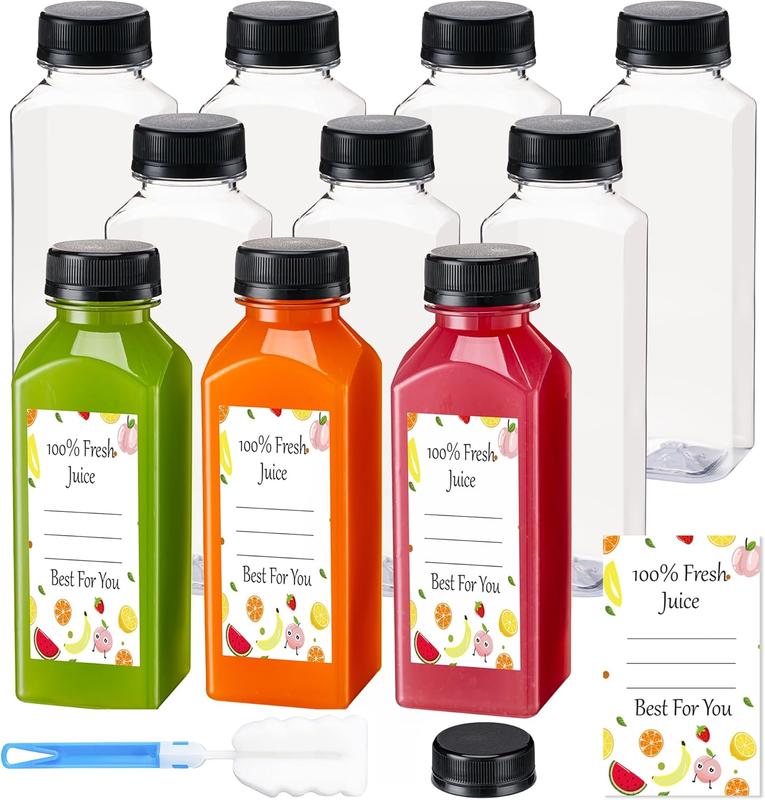 Juice Bottles with Caps 10 count 12oz, Plastic Bottleswith Caps, Clear Reusable Water Bottle,  for Juicing Bottles, Smoothie Bottle, Juice Containers - with 10 count Labels & Bottle Brush