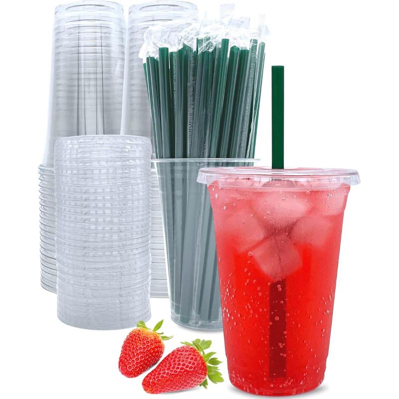 20 oz Clear Plastic Cups with Lids and Straws, Disposable Coffee Cups 25 Sets