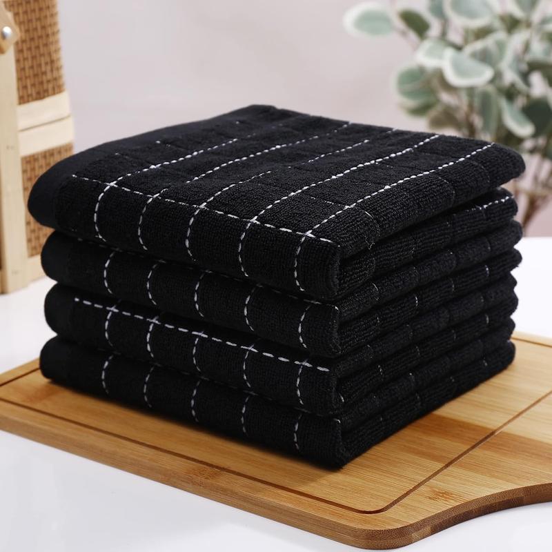 Cotton Terry Kitchen Towels(Black, 13 x 28 inches), Checkered Designed, Soft and Super Absorbent Dish Towels, 4 Pack