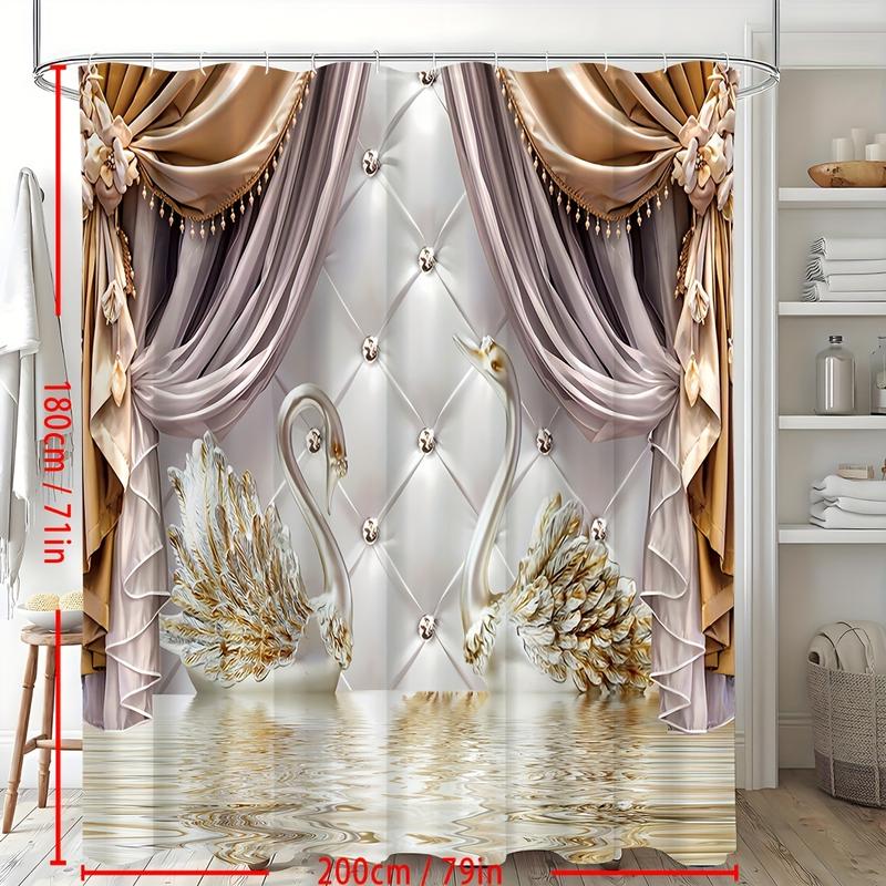 1 Piece Gold Floral Swan Print Shower Curtain Set with Hooks Waterproof Bathroom Partition Curtain, Bathroom Accessories, Beautiful Room Decoration