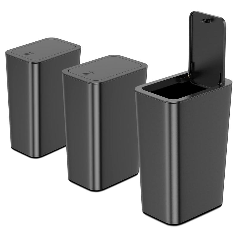 3 Pack 10L 2.6 gal bathroom trash can with lid. Small kitchen trash can with press type lid. Black. For bathroom, kitchen, office, bedroom.