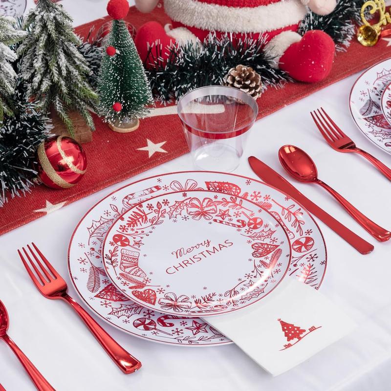 Nervure 175Pcs Christmas Plates Disposable - Christmas Plastic Plates - Red Christmas Dinnerware Set for 25 Guests Include 50 Red Plates, 75 Silverware, 25Cups, 25Napkins for Xmas Party