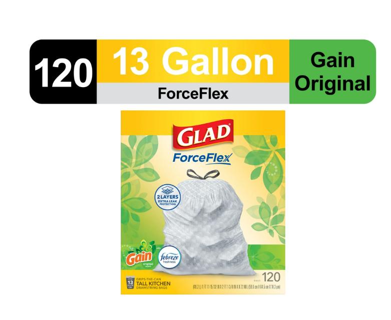 Glad ForceFlex Tall Kitchen Drawstring Trash Bags, Gain Original with Febreze Freshness, 13 Gallon, 120 Count