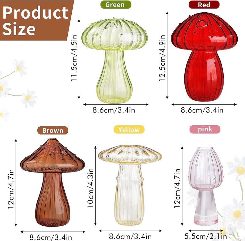 5 count Mushroom Shaped Glass Vase, Planters Clear Hydroponic Vase, Flowers Plants for Decorative Centerpiece,Table Decor,Home Wedding Party (5 Color)