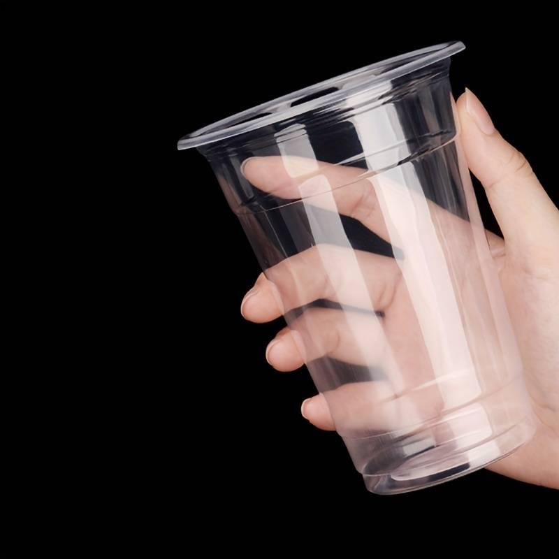 [FREE STRAWS] 200 Sets Clear Plastic Cups With Flat Lids, Disposable Cups With Lids for Cold Drinks, Milkshake, Smoothie, Iced Coffee and TO-GO Drinks