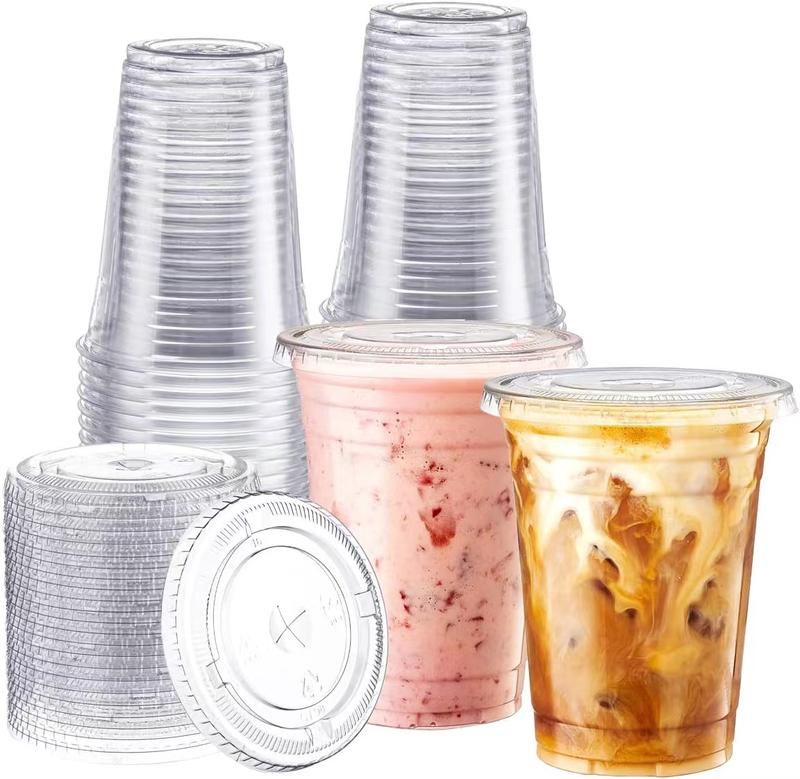 [FREE STRAWS] 200 Sets Clear Plastic Cups With Flat Lids, Disposable Cups With Lids for Cold Drinks, Milkshake, Smoothie, Iced Coffee and TO-GO Drinks