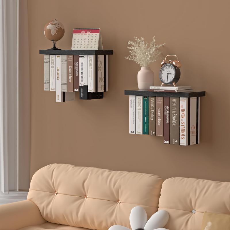 Floating Book Shelves for Wall Mounted Set of 2, Wood Hanging Bookshelf, Book Display Shelf for Wall, Unique Space Saving Book Shelf Wall Book Holder Decor Wooden