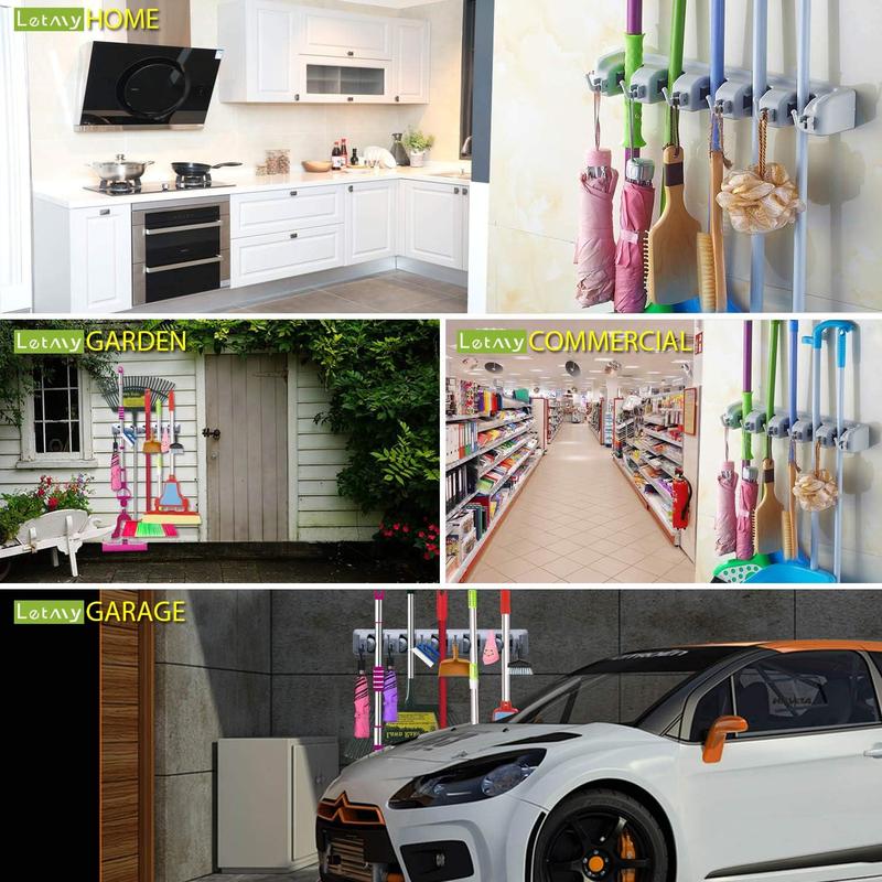 Wall Mounted Broom Holder, 1 Count 5 Position & 6 Hooks Mop and Broom Hanger Holder, Garage Storage Rack & Garden Tool Organizer