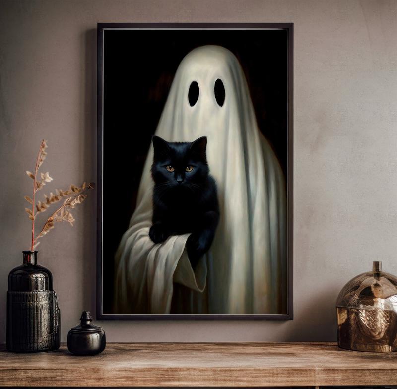 Ghost Holding A Cat Vintage Unframed Poster, Art Poster Print Dark Academia Haunting Ghost, Halloween Home Dorm Kitchen Living Room Decoration Ornaments Photo Artistic, Premium Luster Photo Paper Unframed Various Sizes