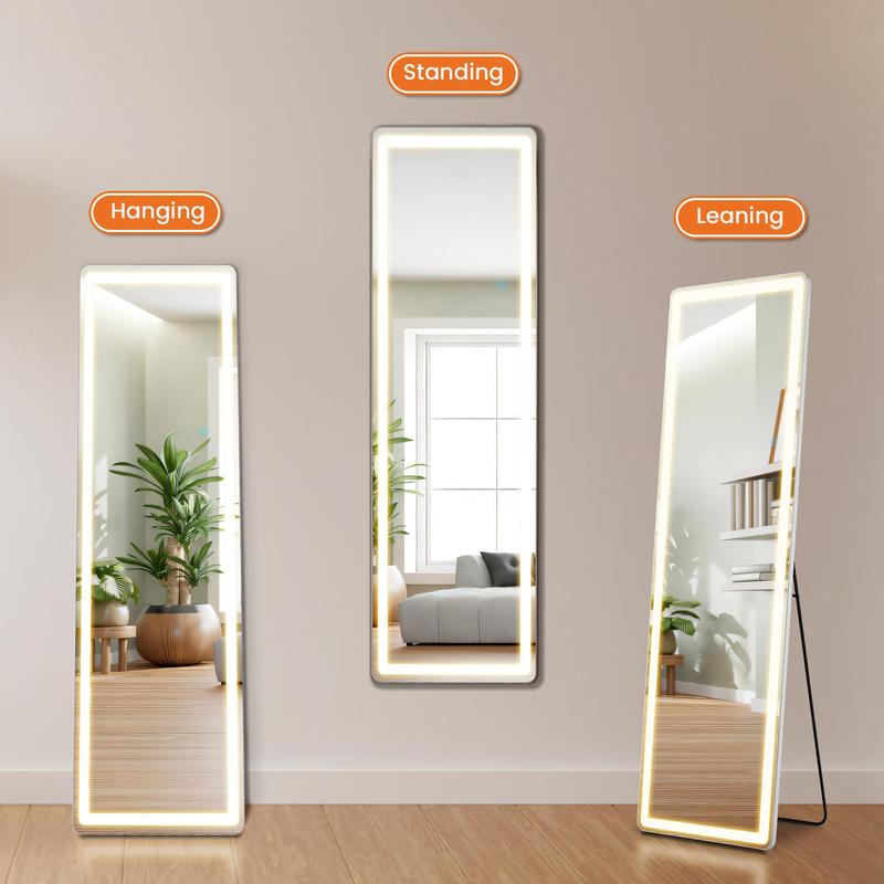 Floor Mirror with LED Light, 64” x 21” Full Length Mirror with Stand. Features Dimming & 3 Color Lighting, Can Be Wall Mounted or Freestanding. Ideal for Full Body Viewing in Living Room, Bedroom, or Cloakroom, White Frame.