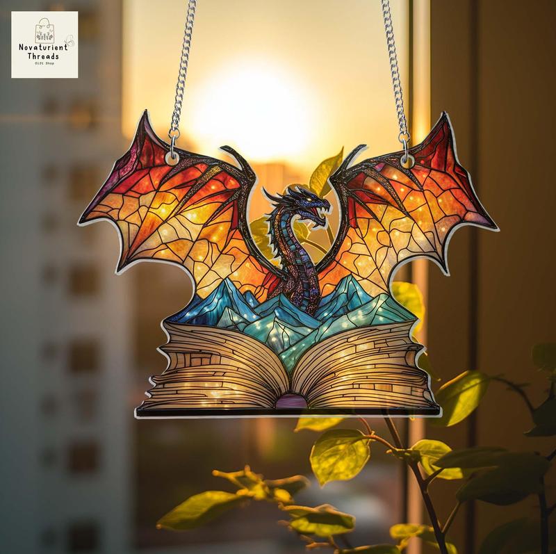 Book Dragon Suncatcher Ornament, Fantasy Dragon Wall Art Decoration, Acrylic Material, UV Printed, 6x6 inch - Hanging, Artwork