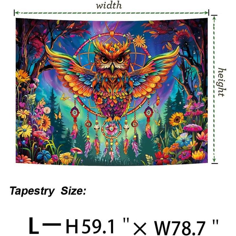 Heynvioo Blacklight Owl Tapestry UV Reactive Psychedelic Owl Tapestry Trippy Dreamcatcher Tapestry Floral Flower Tapestry Wall Hanging Decor for Home