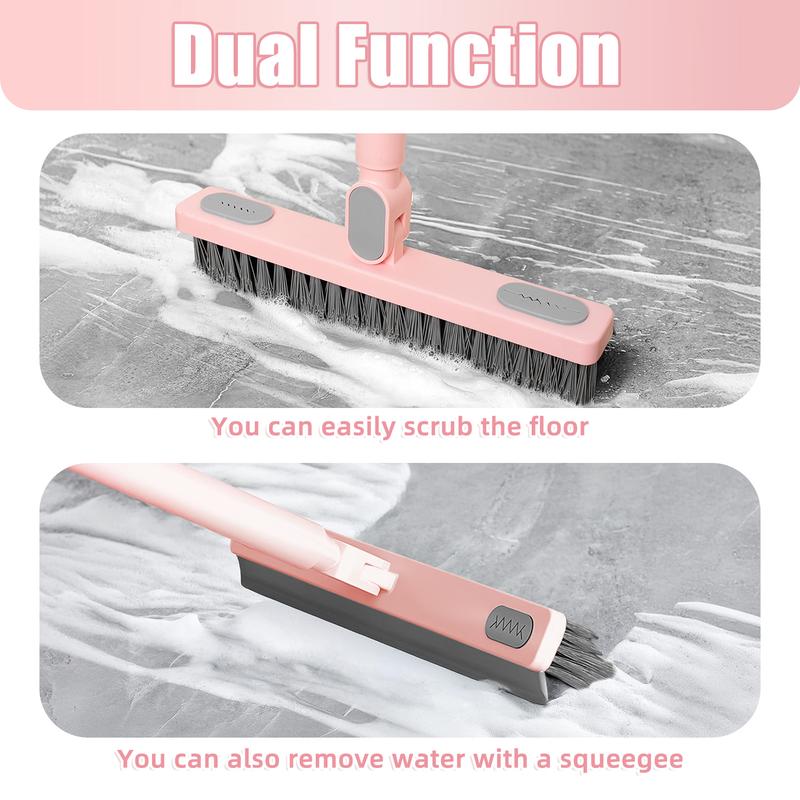 HAOTIKYU Pink Floor Scrub Brush with Long Handle 58'' Telescopic Handle Scrape Brush V-Shaped Corner Stiff Bristle Floor Scrubber with Squeegee for Cleaning Shower Bathroom Garage Kitchen Wall Tub Deck Tile