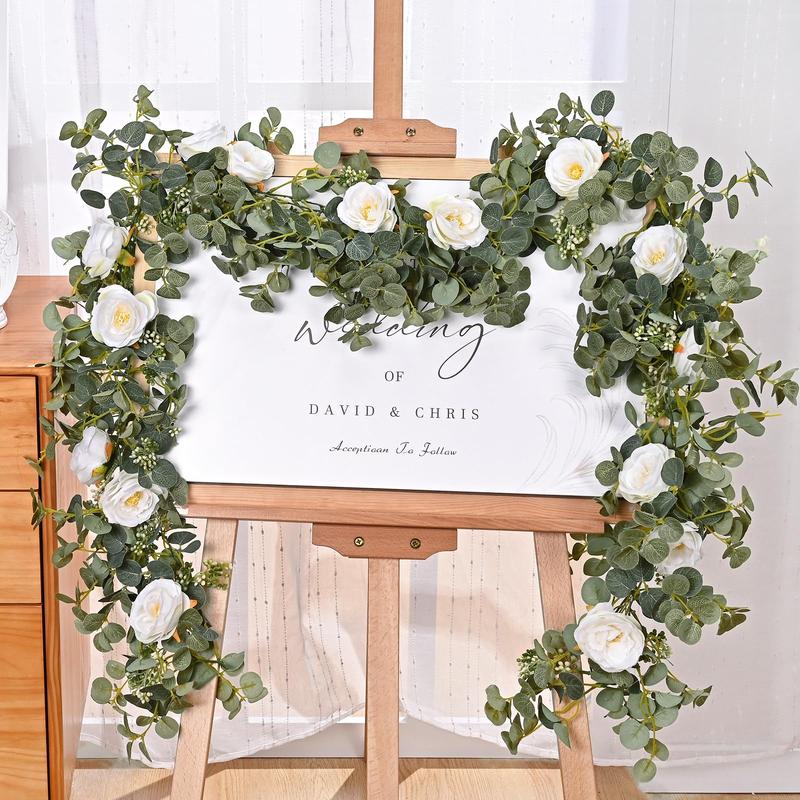 Artificial Rose & Eucalyptus Branch Vine, 1 Count Faux Flower Wreath, Decoration Supplies for Wedding Party Home Decor