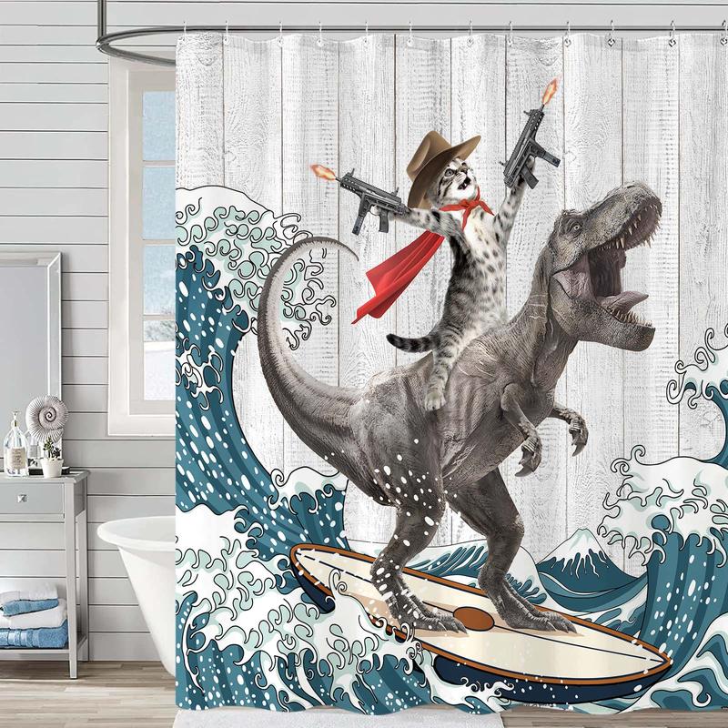 Funny Cat Shower Curtain Wave Bathroom Shower Curtain Set Waterproof Fabric Bathroom with 12 Hook