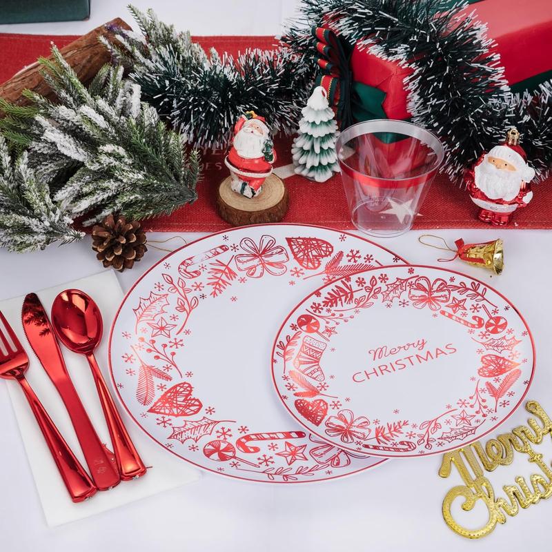 Nervure 175Pcs Christmas Plates Disposable - Christmas Plastic Plates - Red Christmas Dinnerware Set for 25 Guests Include 50 Red Plates, 75 Silverware, 25Cups, 25Napkins for Xmas Party