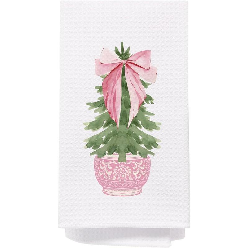 Chinoiserie Christmas Kitchen Towels, Pink Bow Coquette Christmas Tree Dish Towels for Kitchen Bathroom, Pink Christmas Hand Towels for Bathroom Kitchen, Grandmillennial Decor, 16x24 Inches