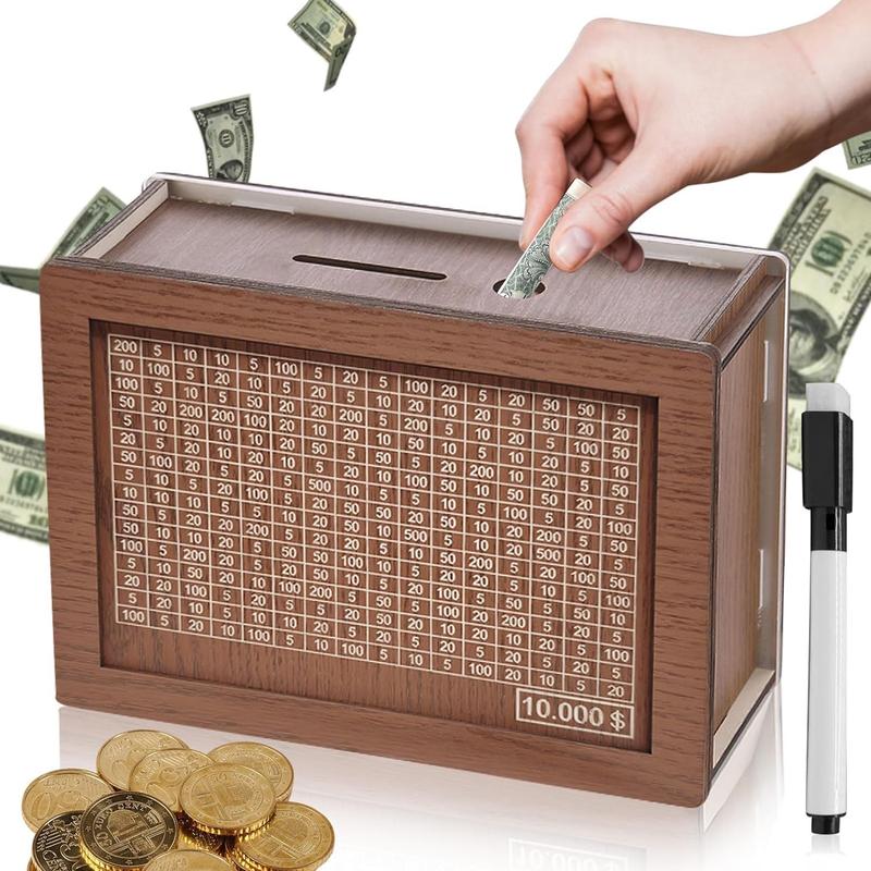 Cash Vault Wooden Savings Box - Piggy Bank and Coin Bank with Counting Target, Wooden Money Box for Boys and Girls challenge piggy Decor Gift