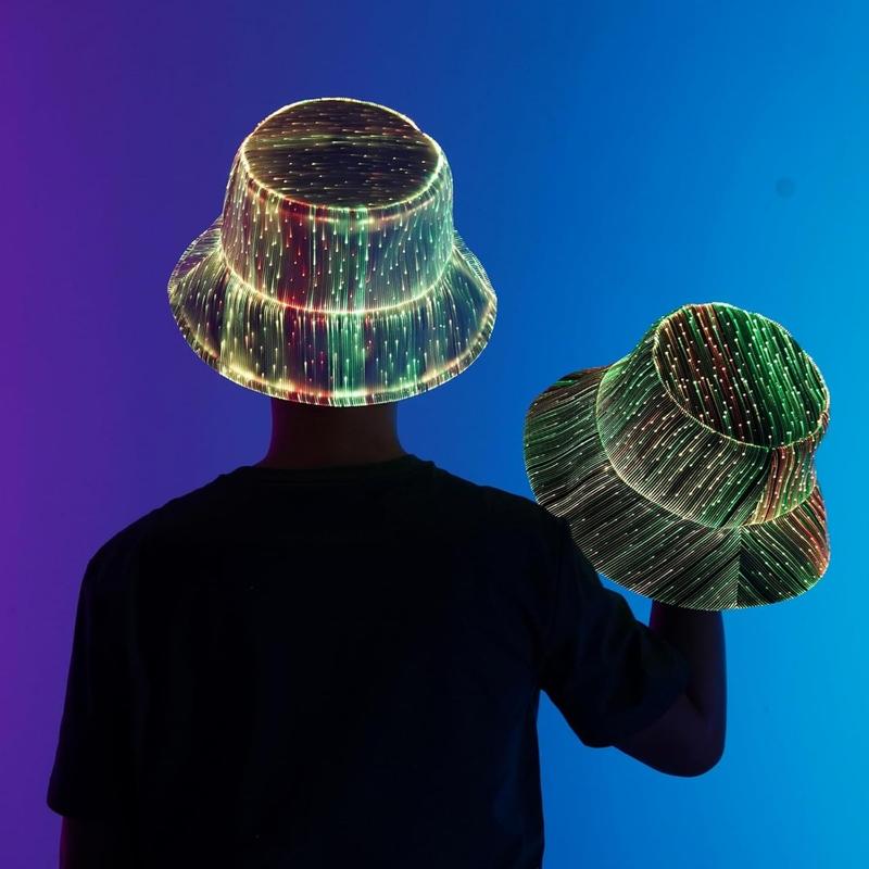 LED Hat Rave Bucket Hat, Light up Crazy Hat 7 Colors Party Hat, Glow in The Dark Party Hat USB Rechargeable Festival Gear