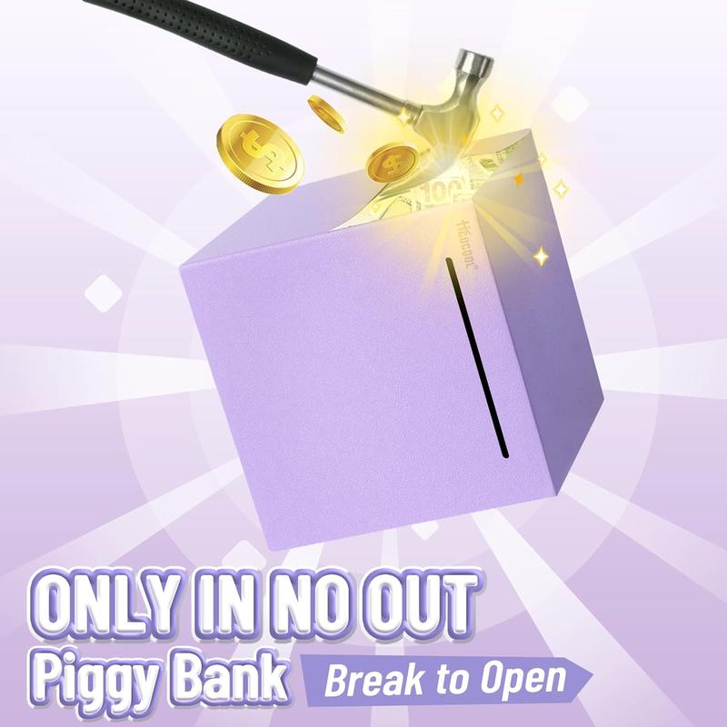 Piggy  for Adults Must Break to Open, Stainless Steel  Saving Box Purple Glitter Palm Size 4.75in money bank money saving