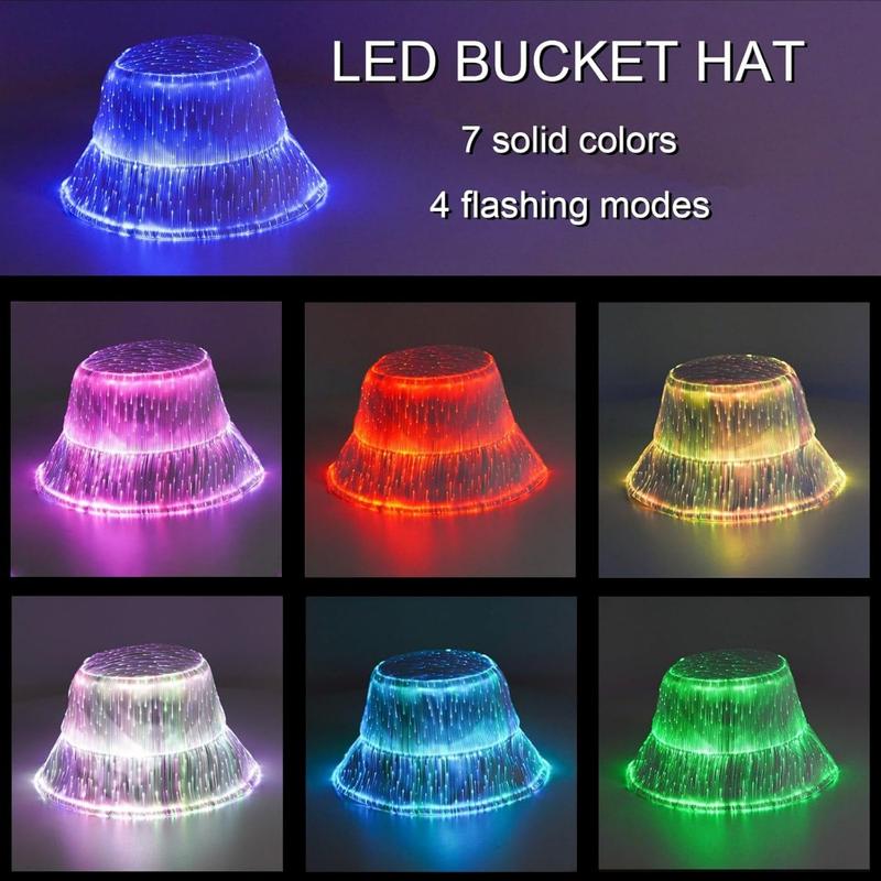 LED Hat Rave Bucket Hat, Light up Crazy Hat 7 Colors Party Hat, Glow in The Dark Party Hat USB Rechargeable Festival Gear