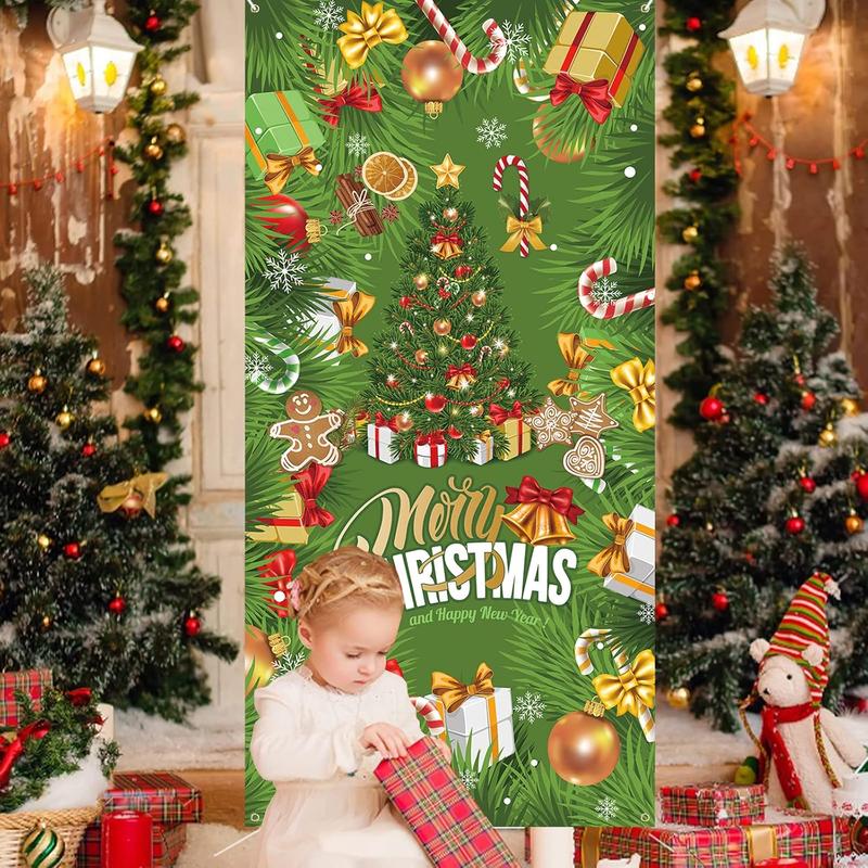 Christmas Door Cover Banner, Green Glitter Christmas Tree Backdrop Banner with Gift Boxes Candy Cane, Xmas Decorations Door Sign Banner for Outdoor Home Yard Garden  Year Party Decor, 90x185cm