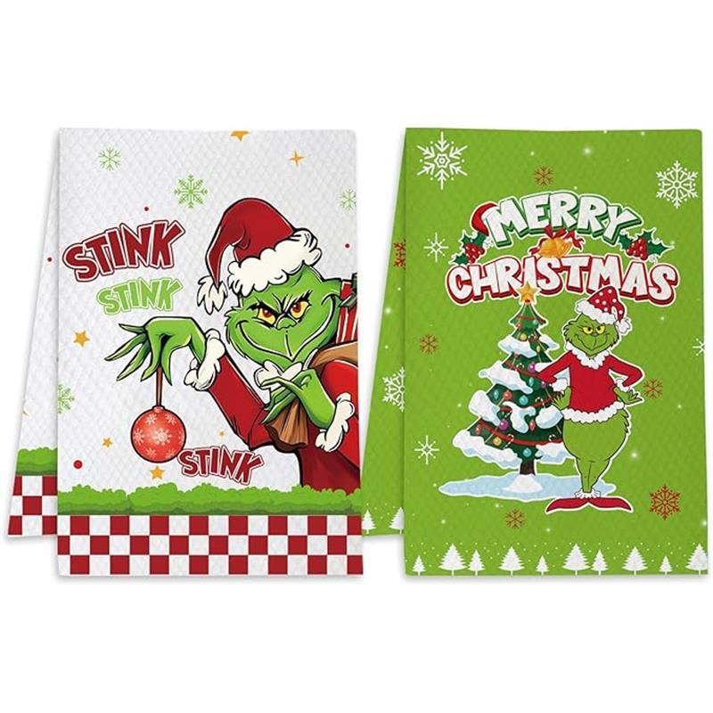 Christmas Kitchen Towels 2 Pcs Grinchmas Christmas Dish Towels, Waffle Weave Super Absorbent Hand Towels for Kitchen Bathroom Home Green Xmas Decorations (23.62 X 15.75 inch) Cleaning Set