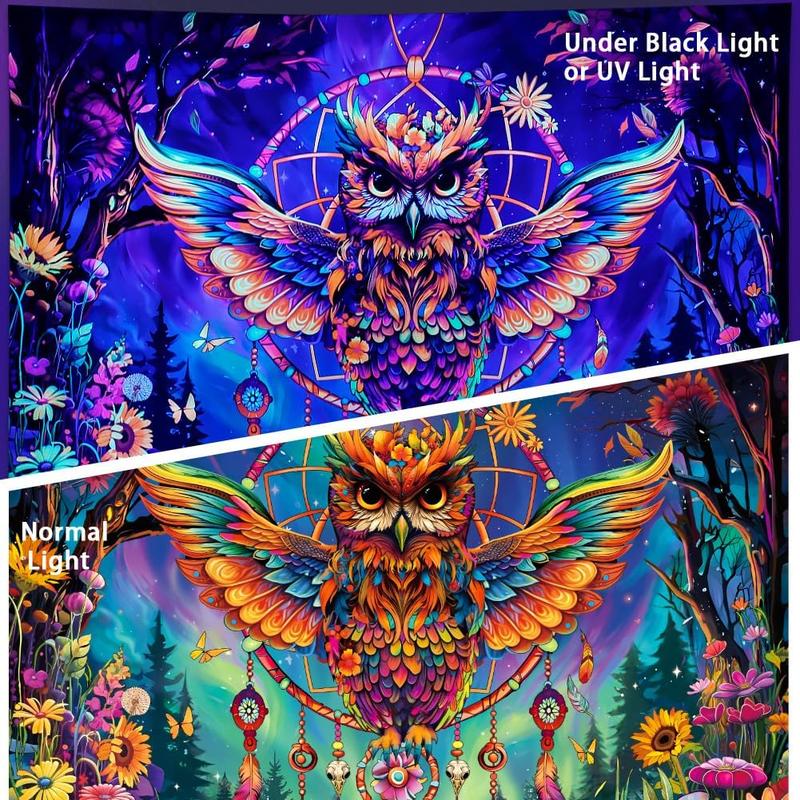 Heynvioo Blacklight Owl Tapestry UV Reactive Psychedelic Owl Tapestry Trippy Dreamcatcher Tapestry Floral Flower Tapestry Wall Hanging Decor for Home