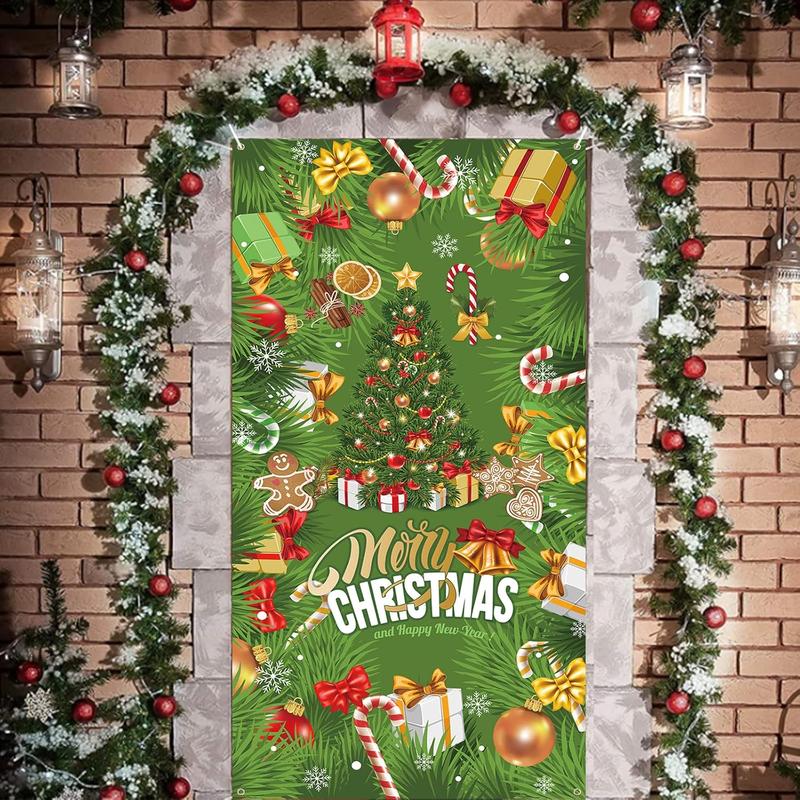 Christmas Door Cover Banner, Green Glitter Christmas Tree Backdrop Banner with Gift Boxes Candy Cane, Xmas Decorations Door Sign Banner for Outdoor Home Yard Garden  Year Party Decor, 90x185cm