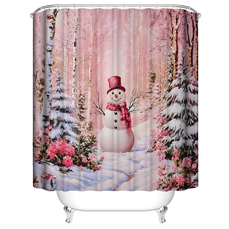 Snowman Pattern Shower Curtain, 1 Count Cute Cartoon Bathroom Curtain with 12pcs Hooks, Bathroom Decor Supplies for Home Hotel Salon Dormitory