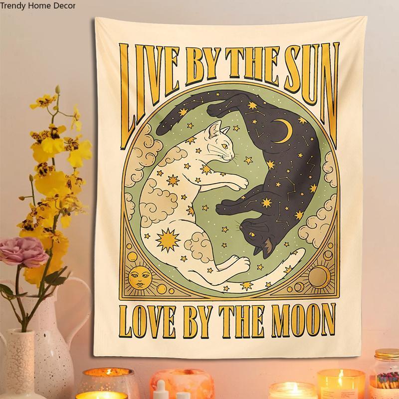 Whimsical Psychedelic Sun Moon Cat Tarot Tapestry - Vibrant Retro Black and White Cat Wall Hanging for Home Decor, Living Room, Bedroom, Dorm Room - Unique Love Star Design, Mystical Bohemian Chic Decor, Easy to Hang, Washable, and Durable