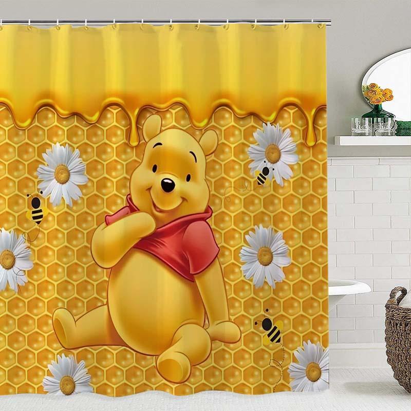 Winnie The Pooh Pattern Shower Curtain, 1 Count Waterproof Bathroom Curtain with Hooks, Bathroom Decor Supplies for Home Hotel Salon Dormitory